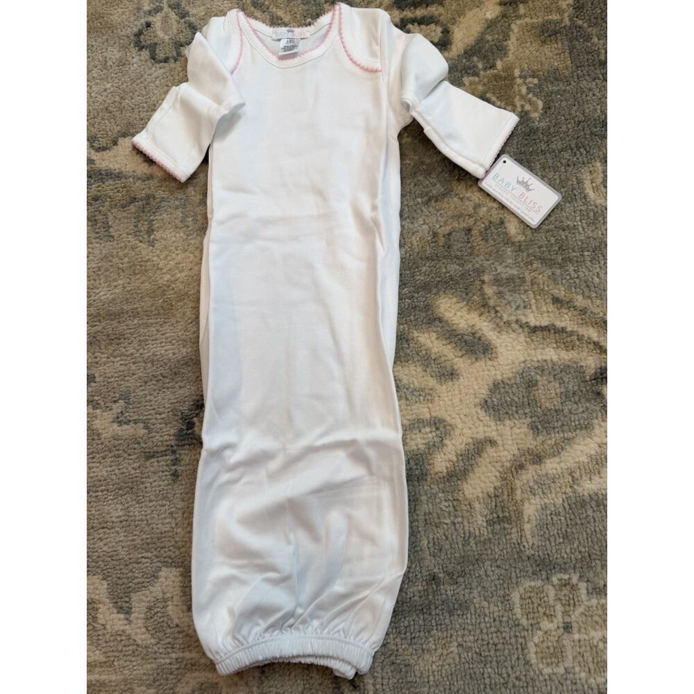 Baby Bliss Pima Cotton White Gown Pink Trim 0-3 Months Hospital Outfit NWT